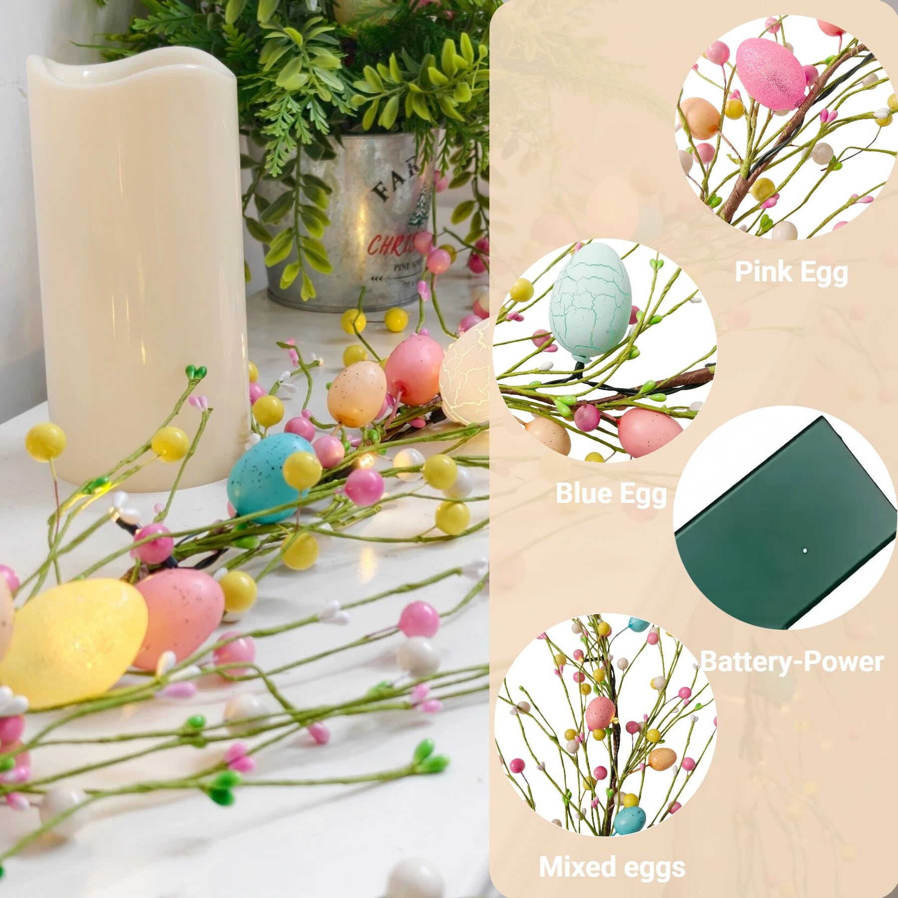 Flopttsun Easter garland with berries and eggs adds colorful charm to mantles, windows, or doors.