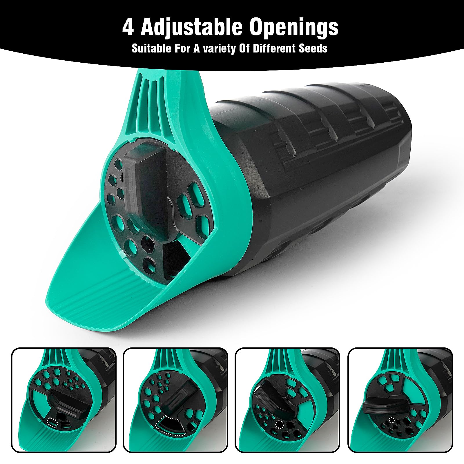 FLORA GUARD adjustable openings illustrate four sizes for accurate lawn feeding.