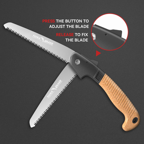 FLORA GUARD compact folding saw in use for camping tasks.