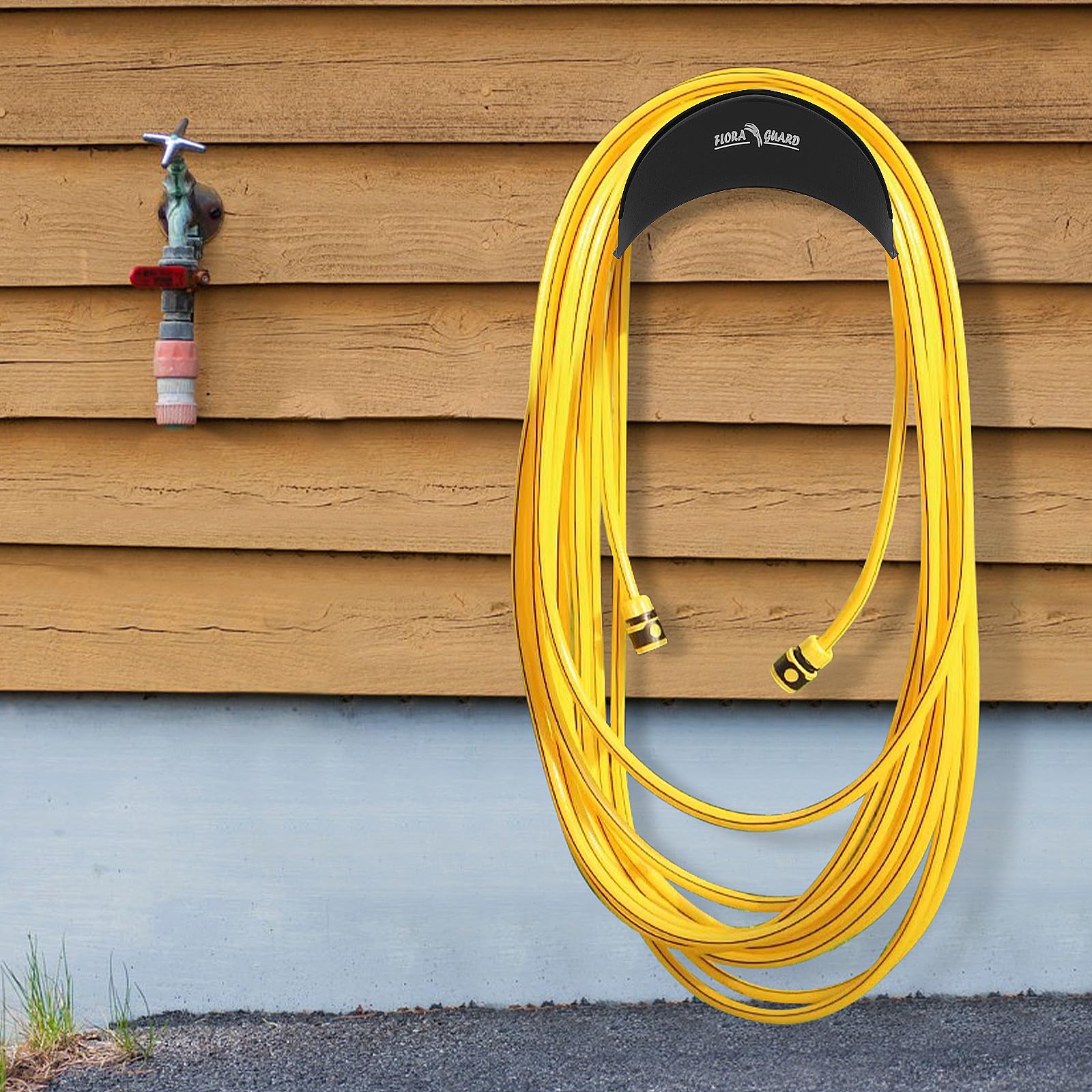 FLORA GUARD outdoor hose organizer saves space by wall-mounting hoses and cords