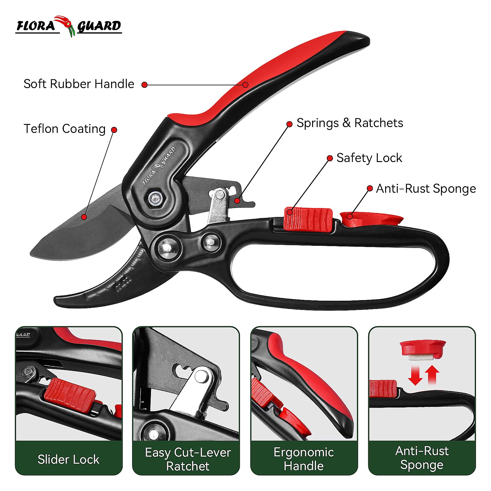 FLORA GUARD pruning shears arthritis-friendly design minimizes grip fatigue.