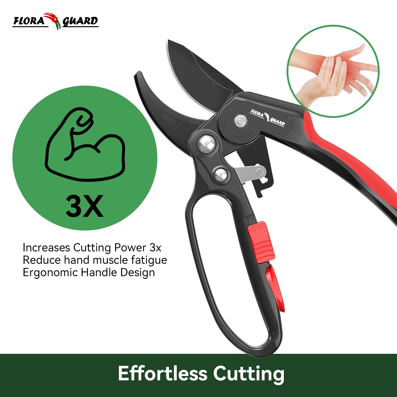 FLORA GUARD ratchet pruning shears ergonomic handle reduces hand fatigue.