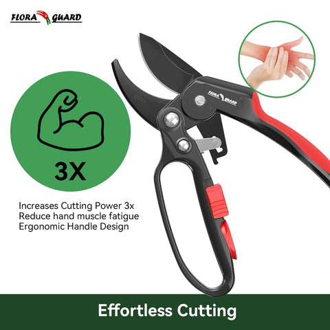 FLORA GUARD ratchet pruning shears ergonomic handle reduces hand fatigue.