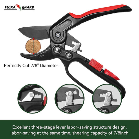 FLORA GUARD ratchet pruning shears lever design enables easier cuts on thick stems.