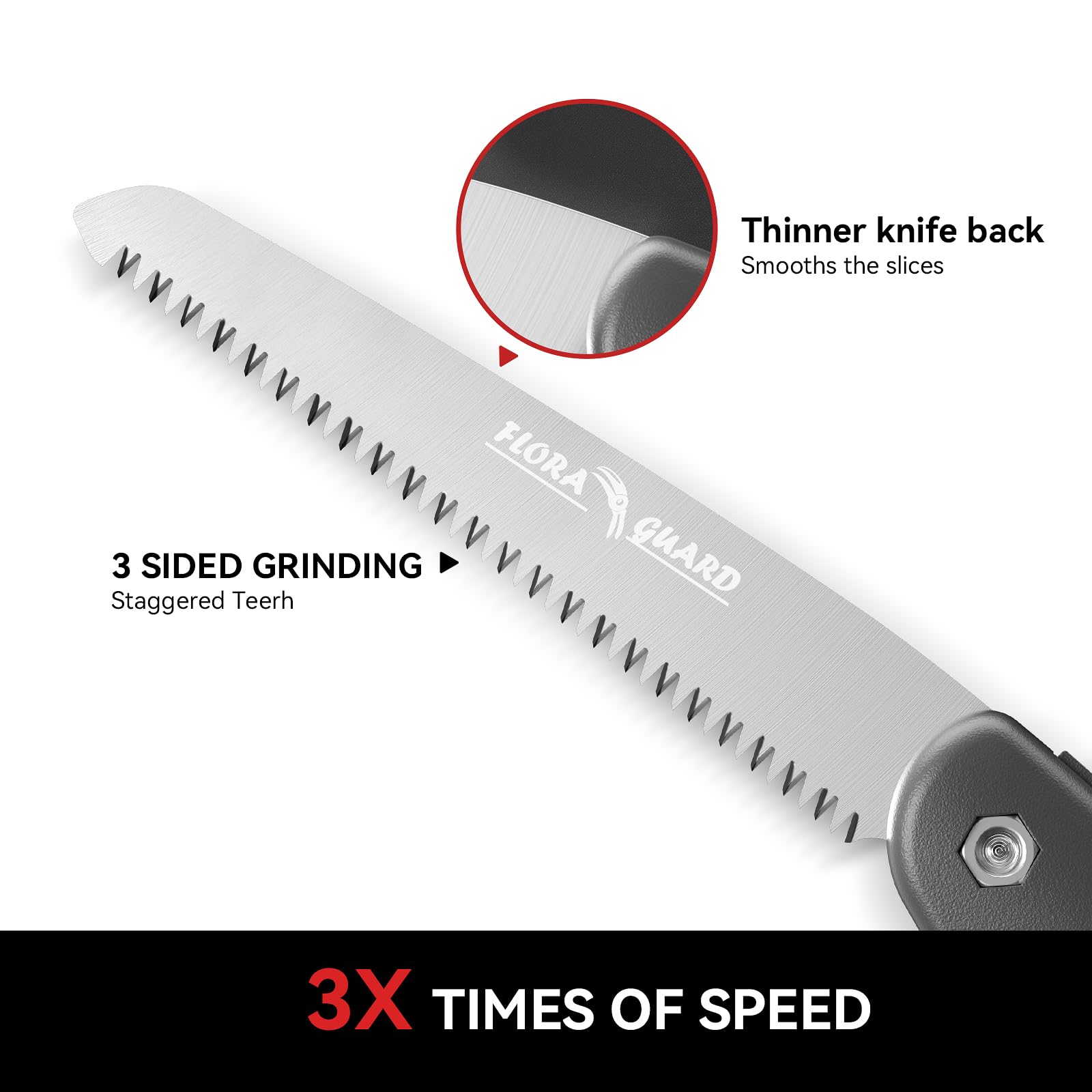 FLORA GUARD razor-tooth blade enables quick, clean cuts on wood.