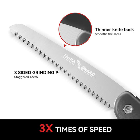 FLORA GUARD razor-tooth blade enables quick, clean cuts on wood.