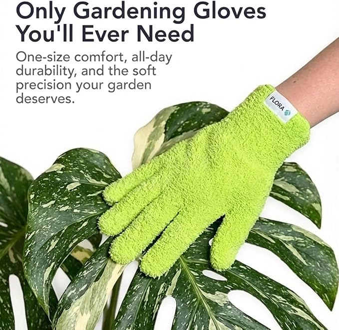 Flora houseplants being cleaned with microfiber gloves in action.