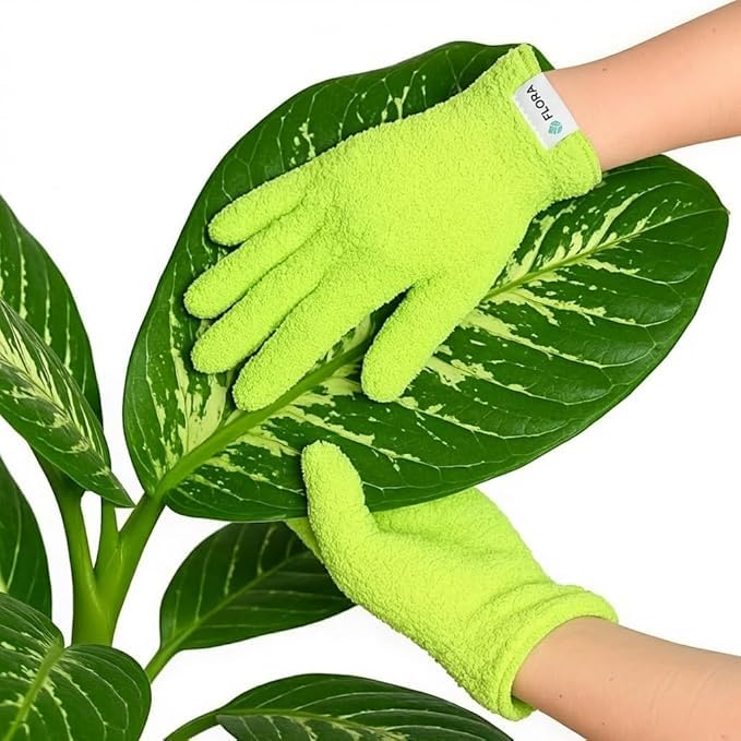 Flora Microfiber Dusting Gloves lifting dust from leaves without scratching.