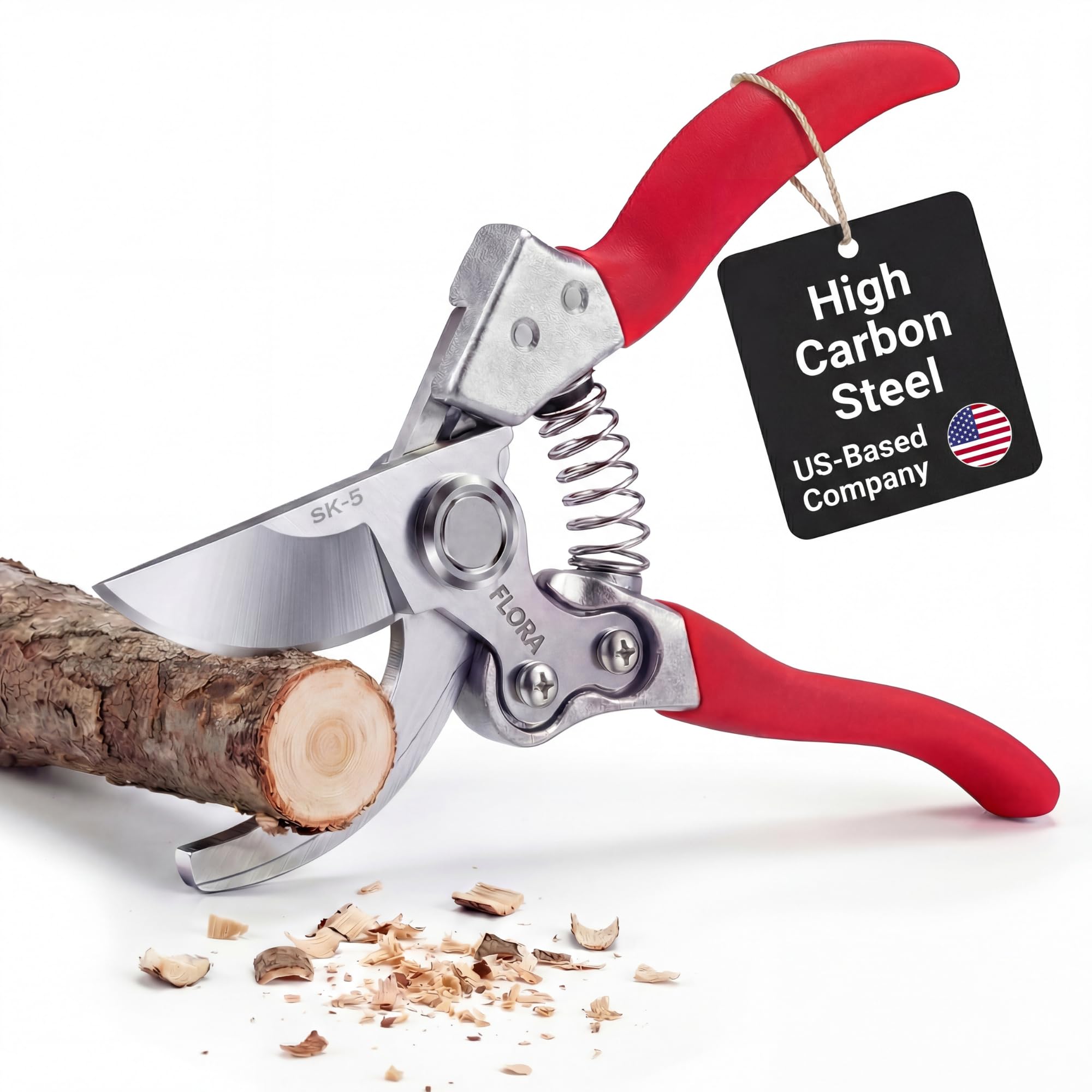 Flora Pruning Shears blade close-up highlighting sharp SK5 blades for precise cuts.