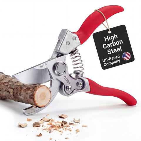 Flora Pruning Shears blade close-up highlighting sharp SK5 blades for precise cuts.