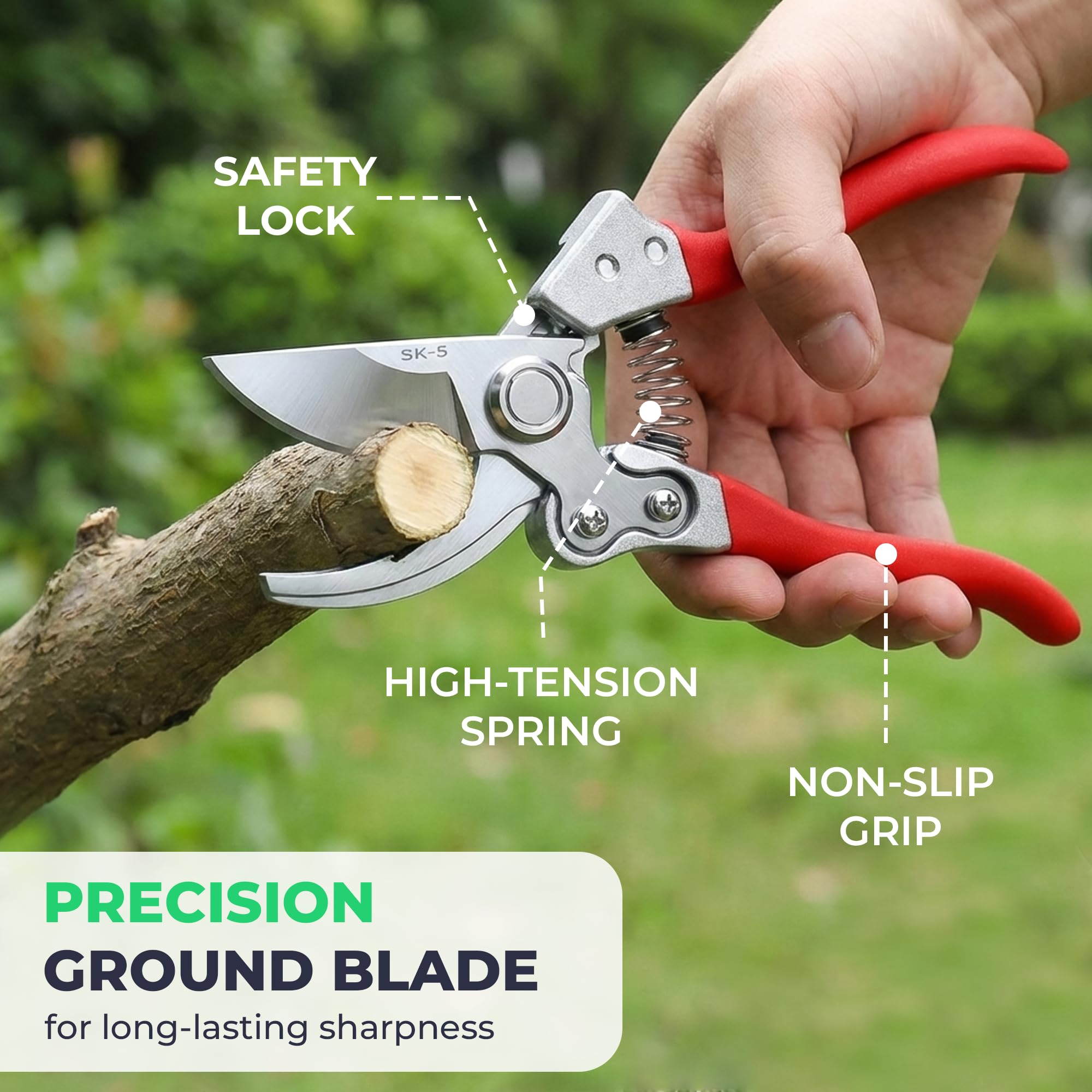 Flora Pruning Shears safety lock in action for safe storage and quick use.
