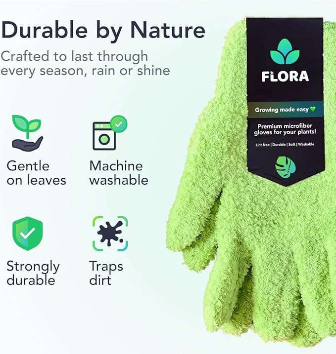 Close-up of Flora washable dusting gloves for repeated plant care.