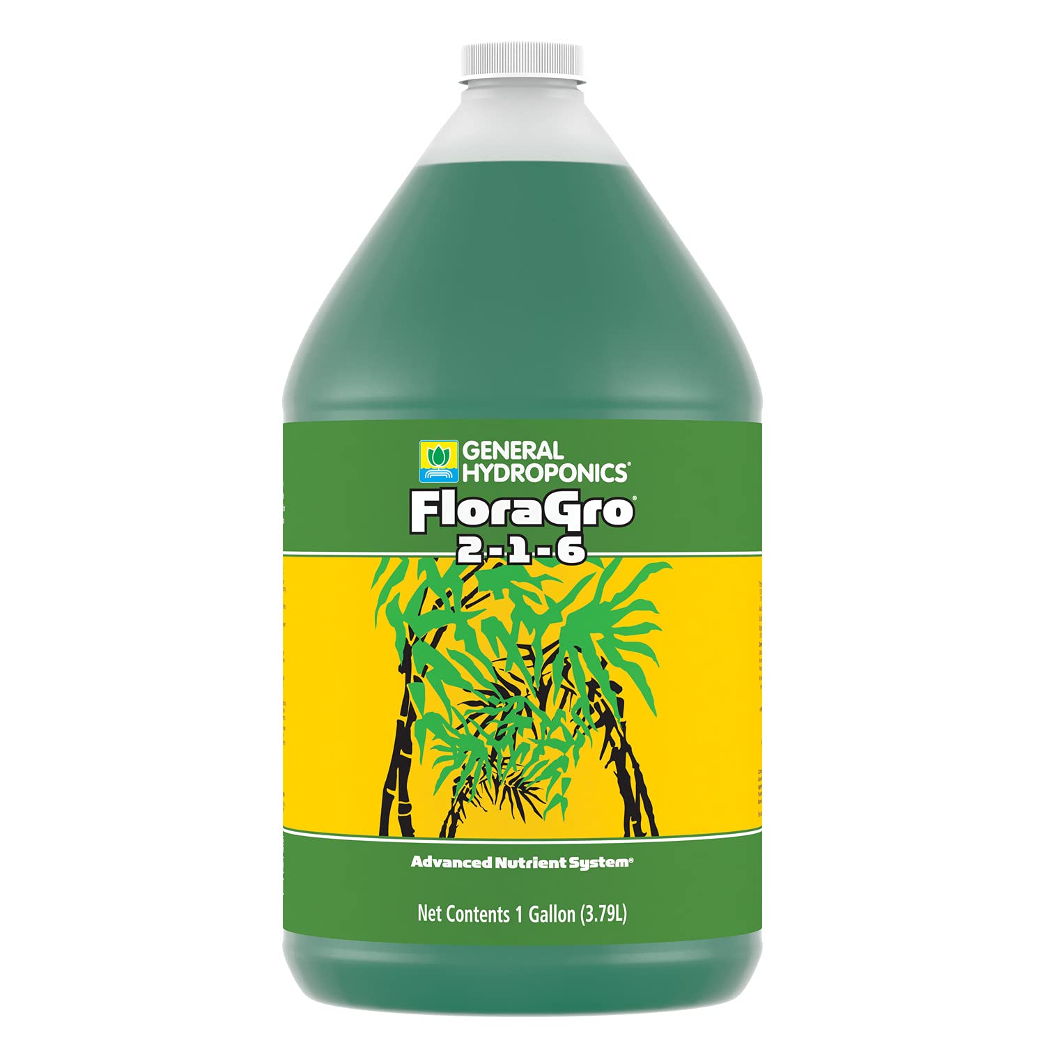 General Hydroponics FloraGro bottle highlighting vegetative growth support.