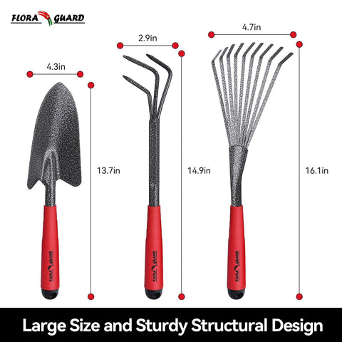 Flora Guard 6-Piece Garden Tool Set 5-tine rake for debris removal and bed prep.