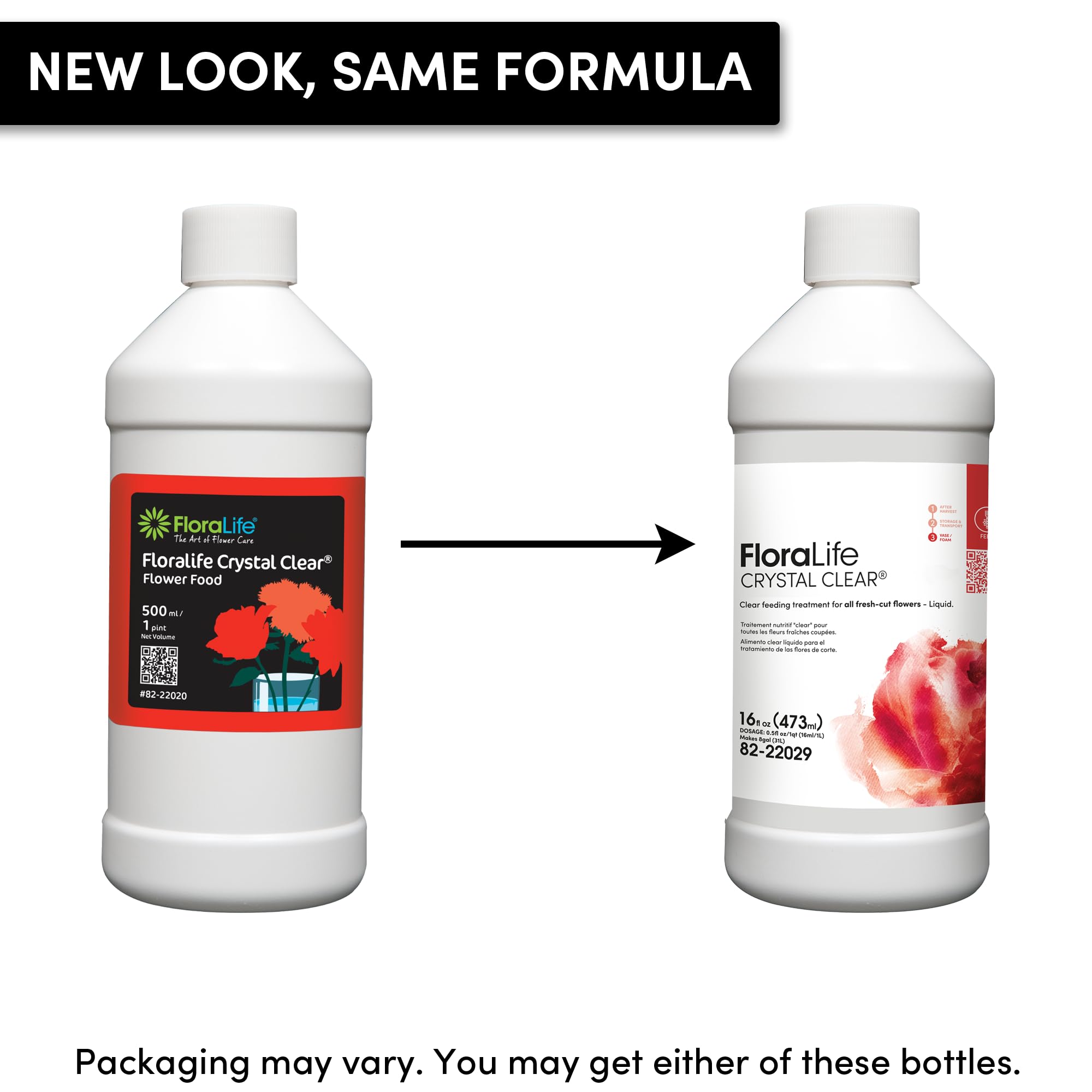 Floralife Crystal Clear Liquid Flower Food packaging on display for longer-lasting arrangements