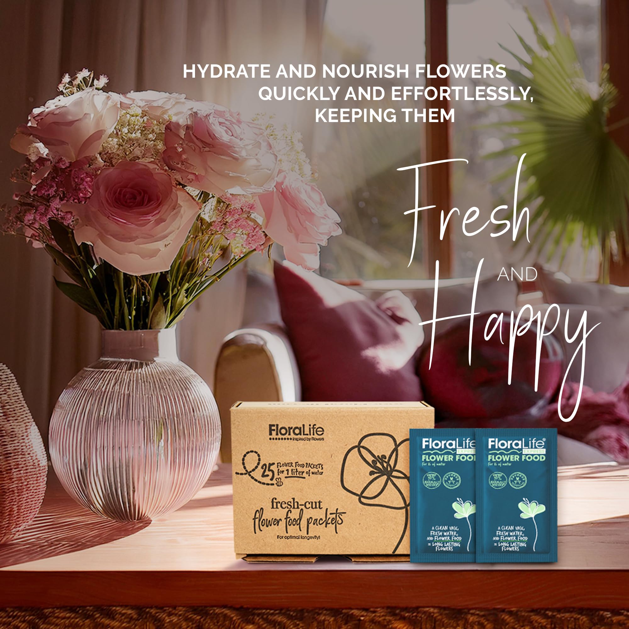 FloraLife flowers-in-vase scene highlights hydration and nourishment