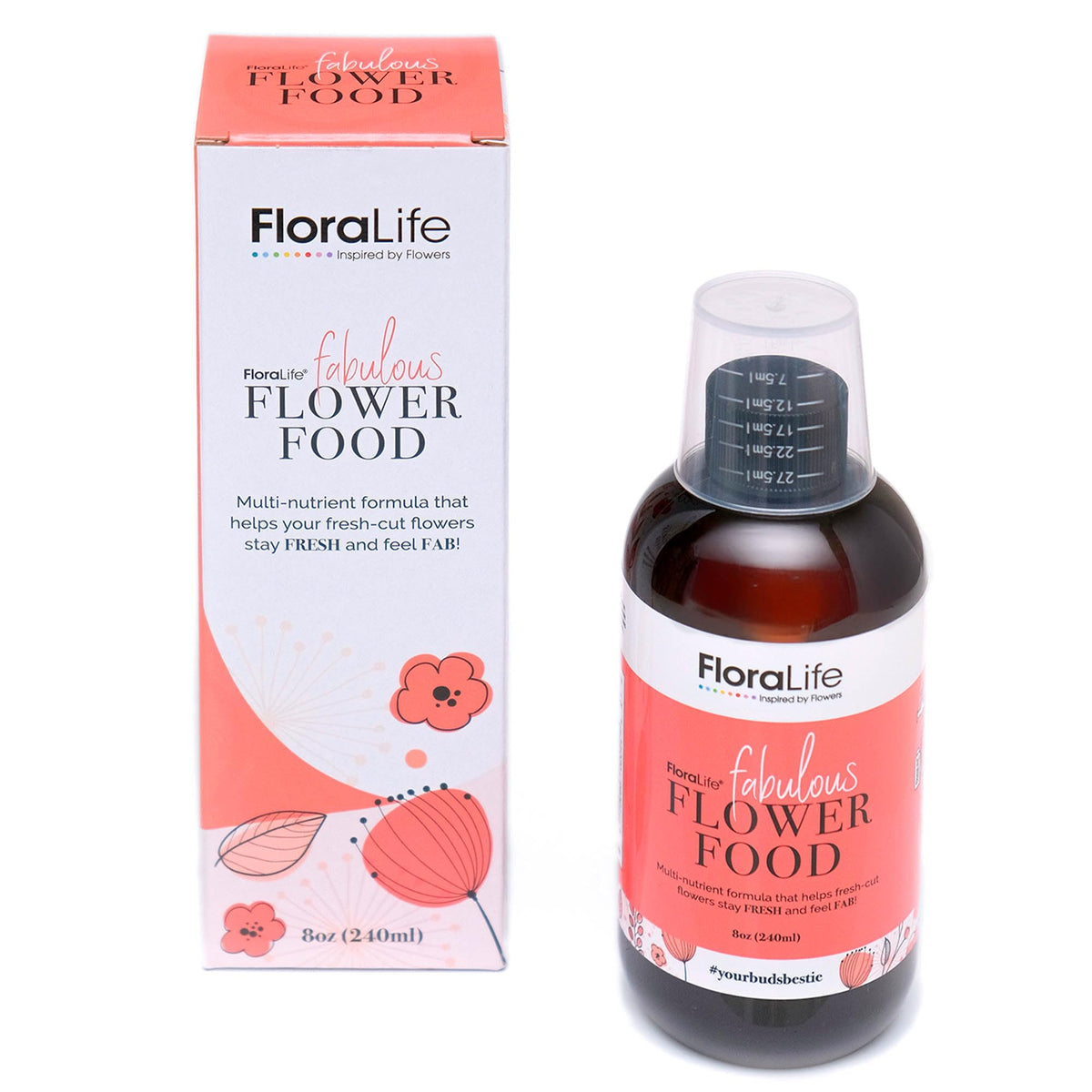 Floralife fresh-cut flower food bottle being poured to nourish blooms