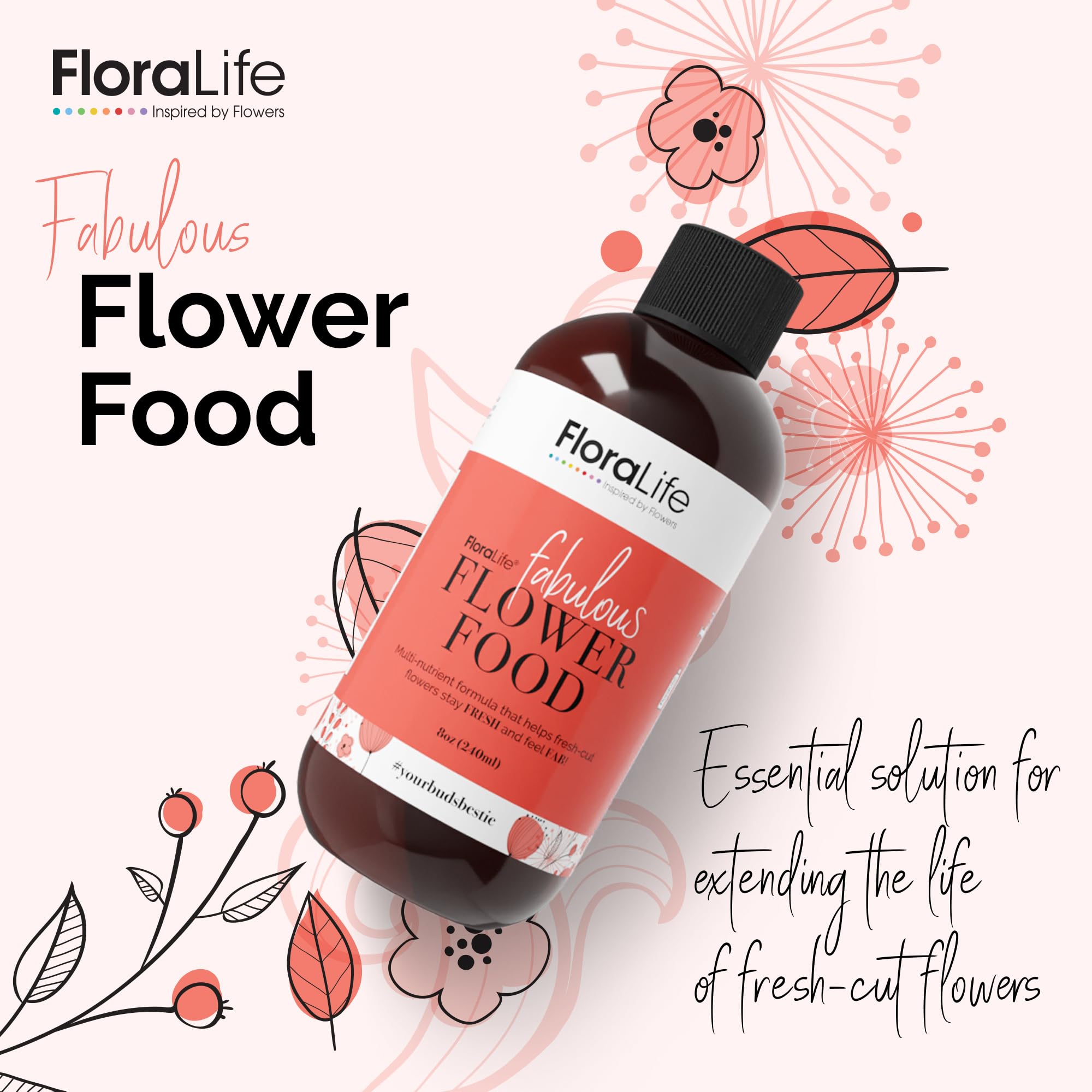 Fresh-cut flowers in a vase receive Floralife nutrient solution
