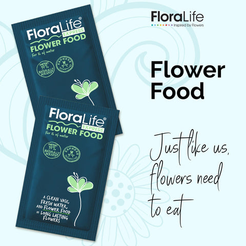 FloraLife multi-nutrient hydration sachet dissolves in water to support stems
