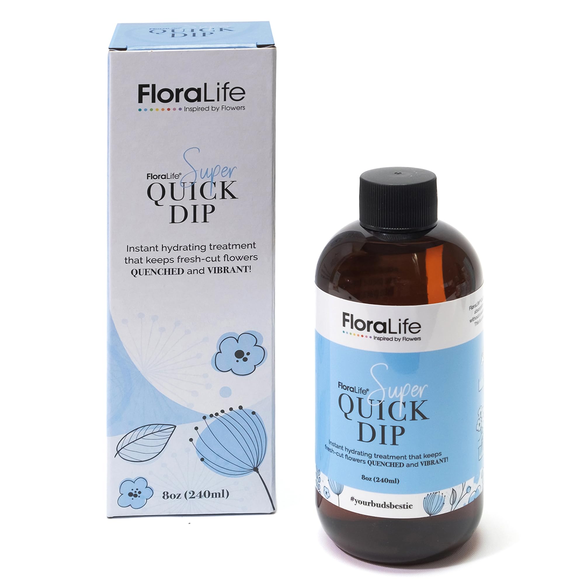 FloraLife Quick Dip bottle pour for instant stem hydration.