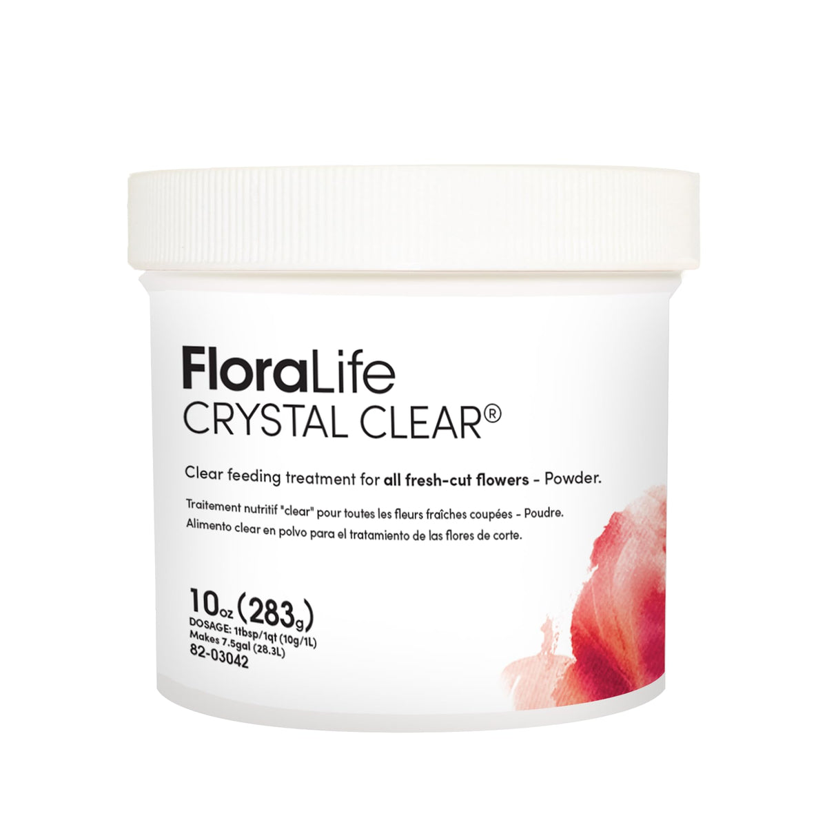 FloraLife Crystal Clear Flower Food bottle boosts vase life and vibrant colors.