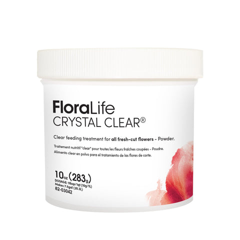 FloraLife Crystal Clear Flower Food bottle boosts vase life and vibrant colors.