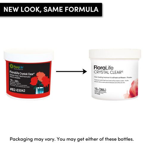 FloraLife Crystal Clear Flower Food used in a clear vase for fresh arrangements.