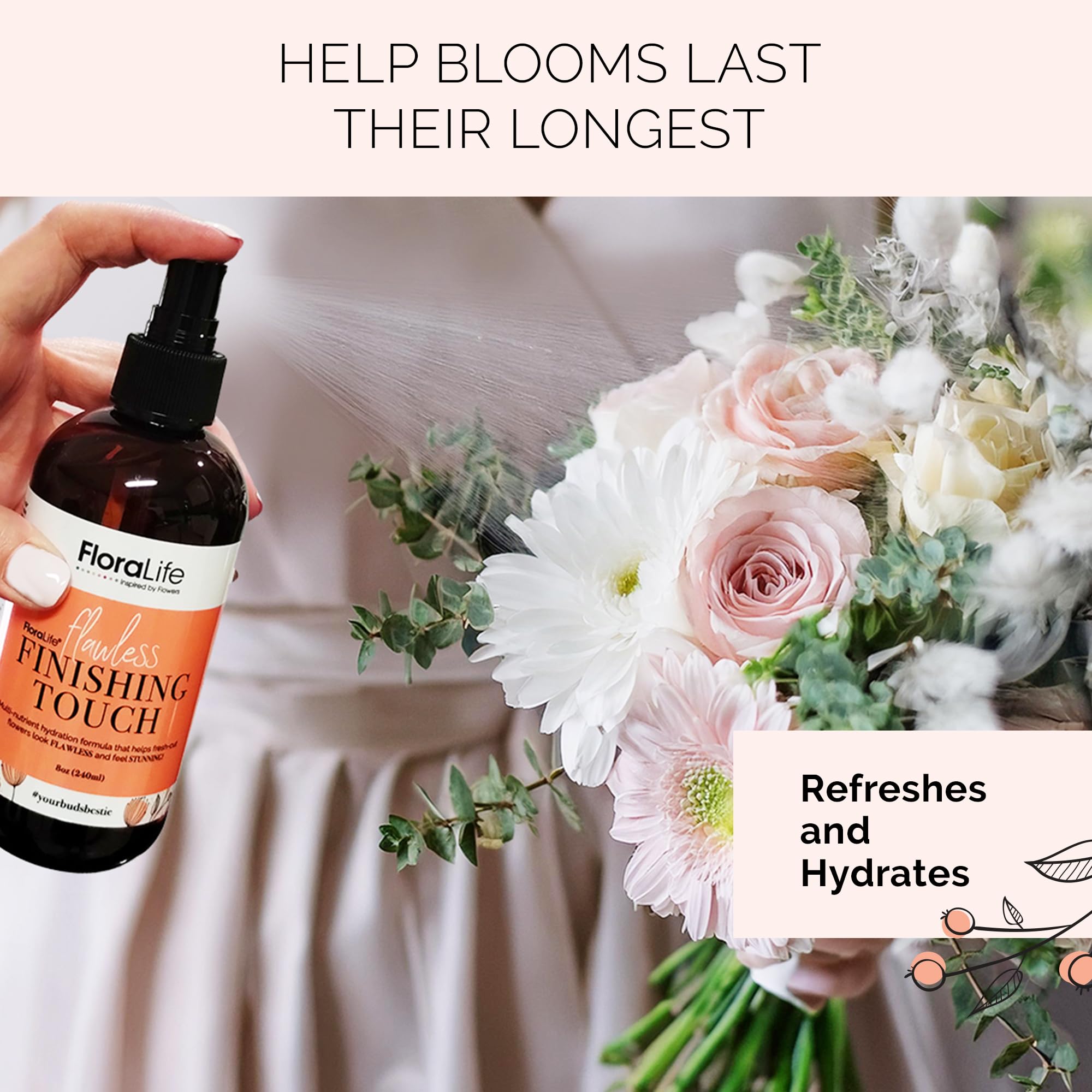 FloraLife Finishing Touch 8oz bottle shown for fresh-cut flowers.