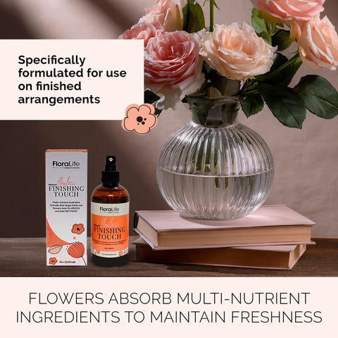 FloraLife Finishing Touch spray applied on bouquet to extend freshness.