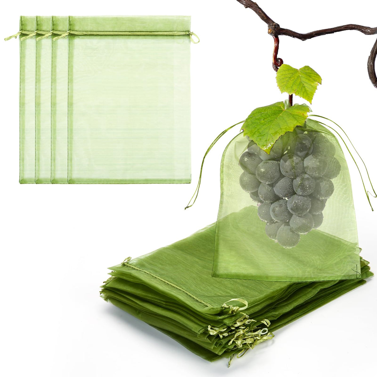 FloraSea fruit protection bags on apples using breathable green mesh for pest deterrence