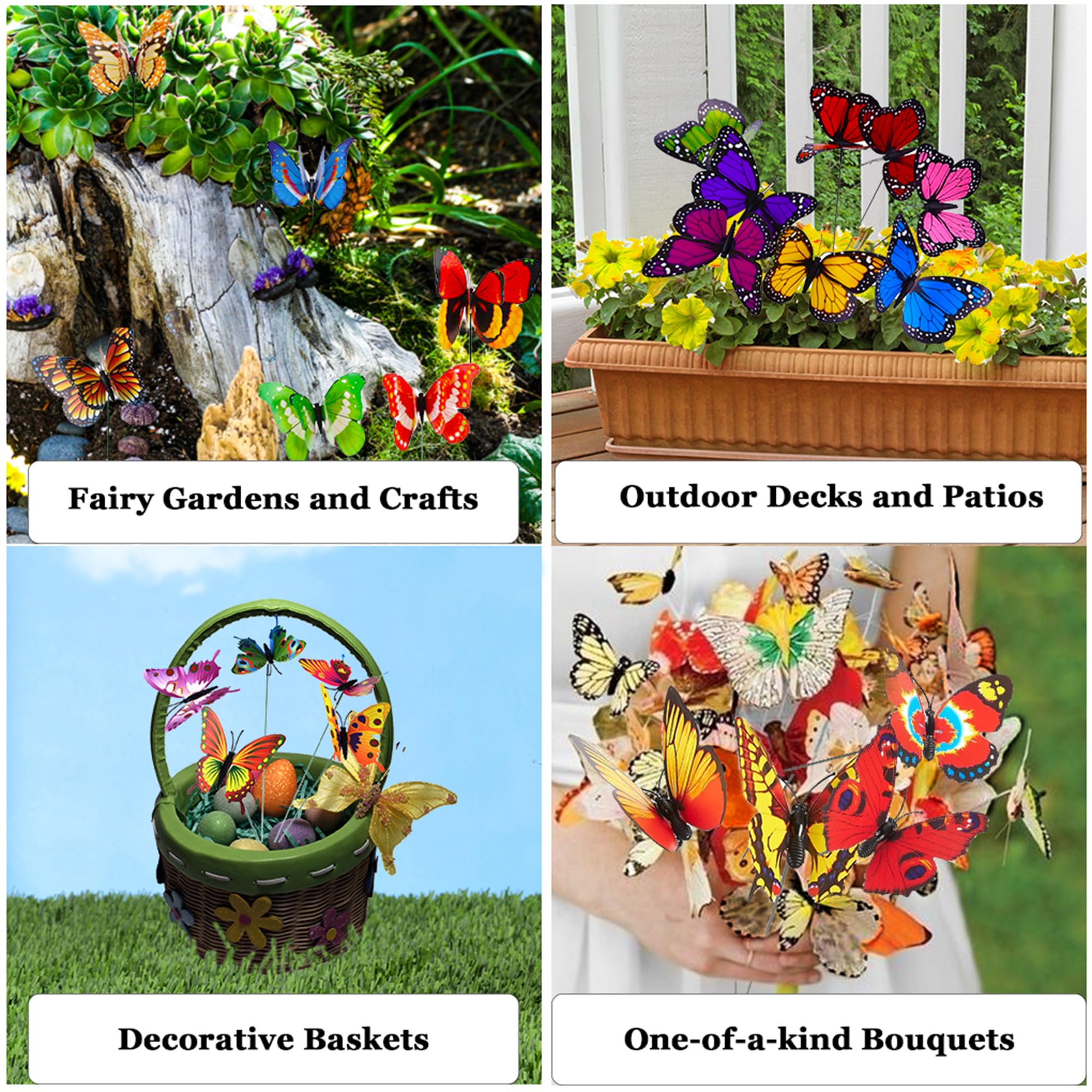 Flexible wire lets you pose FLORO butterflies on branches, pots, or perches.