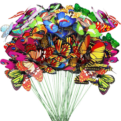 FLORO 30 butterfly stakes with 9.8 inch sticks fluttering in breeze, adding garden whimsy.