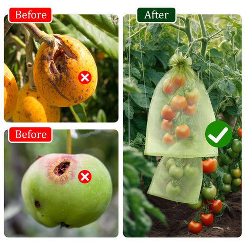 FloraSea drawstring pest barrier bags secure over fruit with double pulls for easy use.