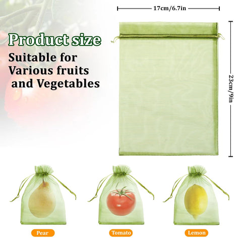 FloraSea green netting fruit cover bag blends with foliage and guards future harvests.