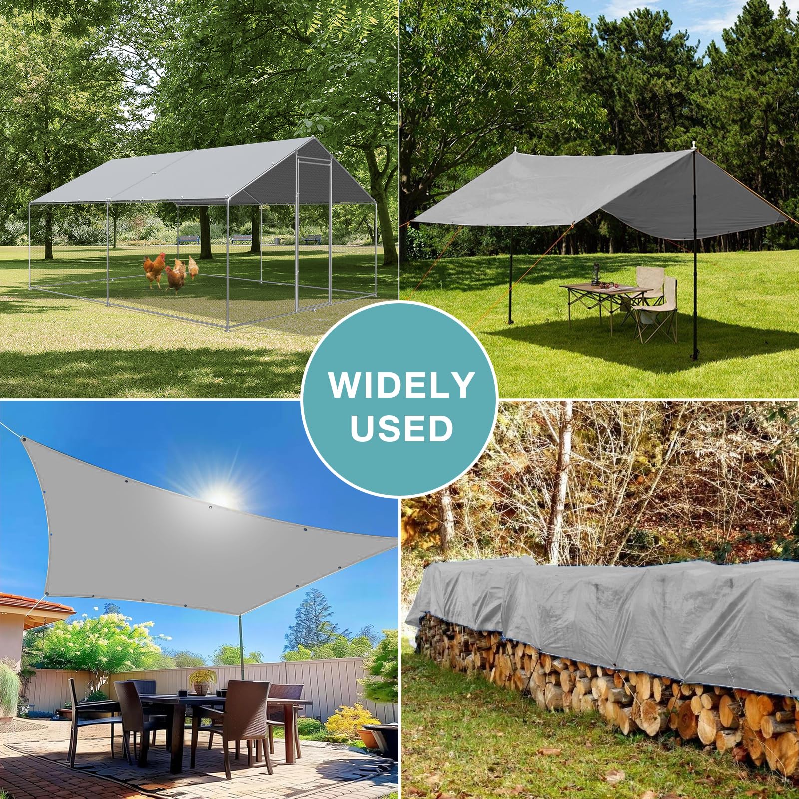 FLOUREE coop cover with reinforced eyelets and bungee cords for easy securing.