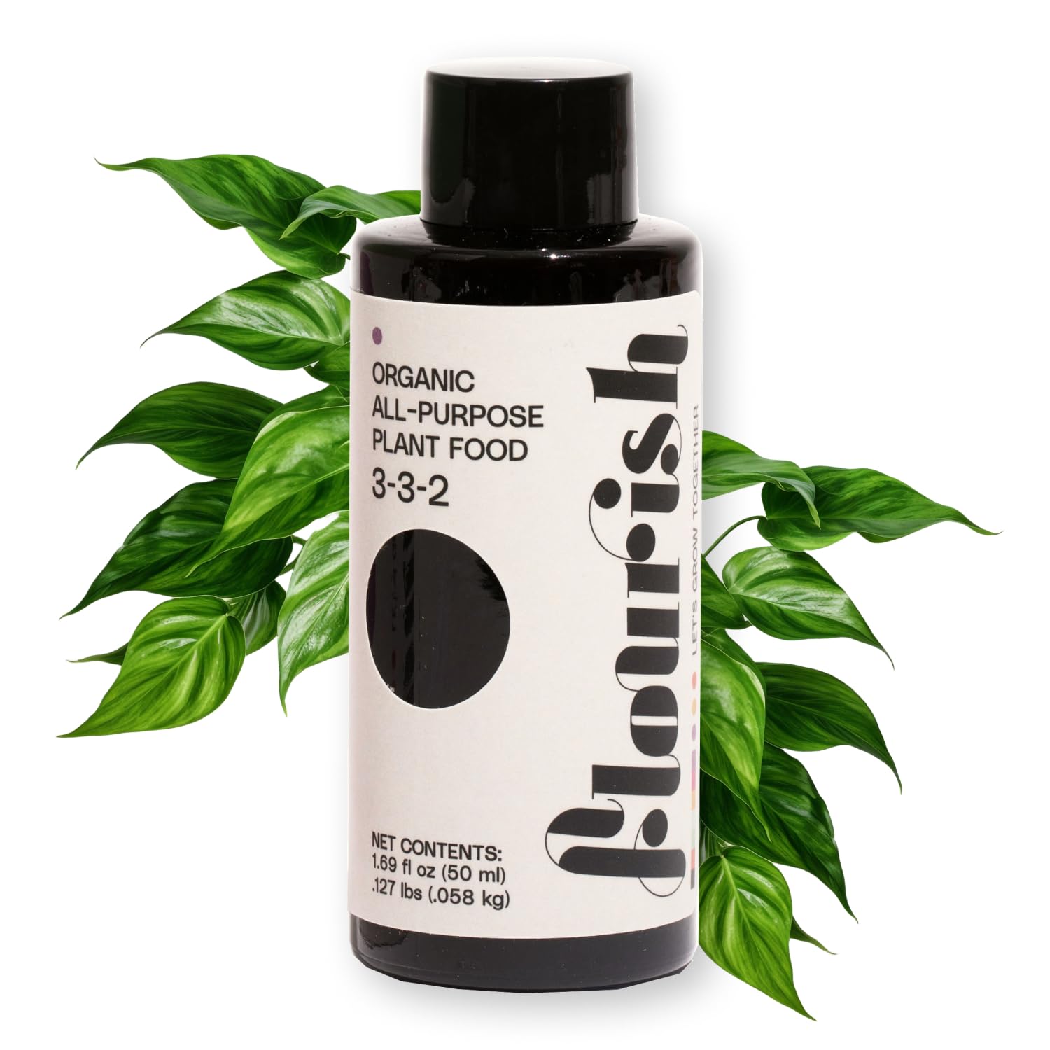 Flourish Plant Food bottle label clearly displays the 3-3-2 NPK ratio for balanced feeding.