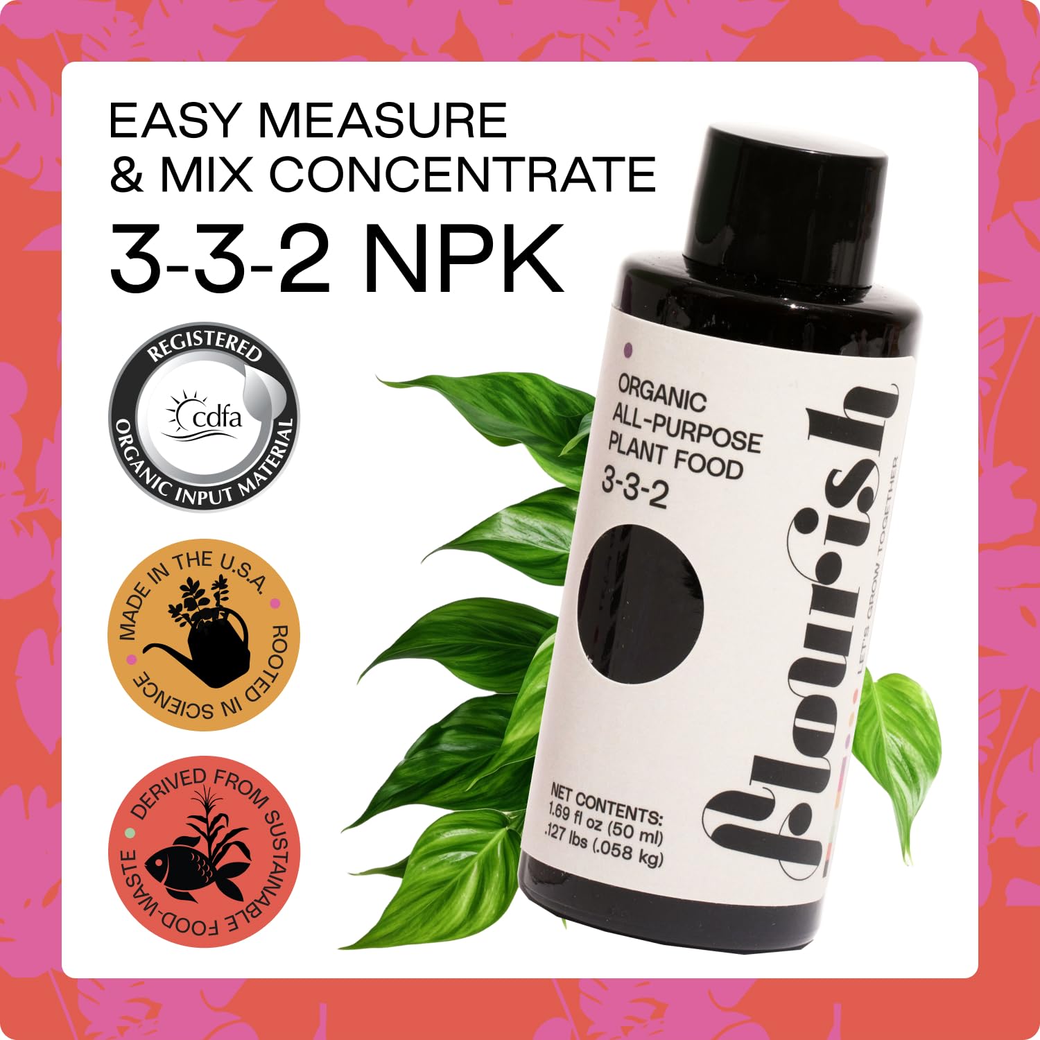 Flourish eco-friendly ingredients highlight sustainable plant care from food-waste origins.