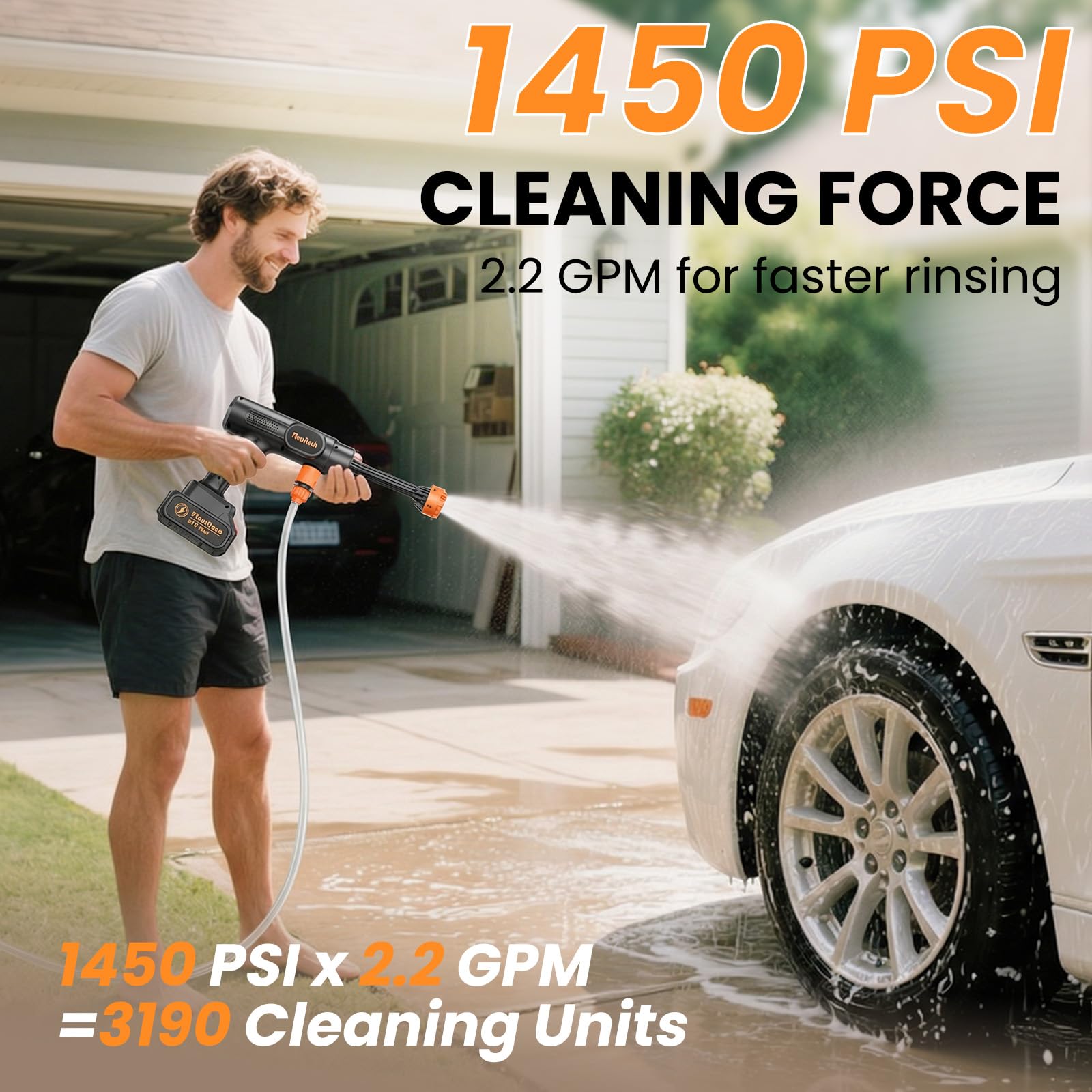 Flouritech 21V battery pack powers long cordless cleaning sessions.