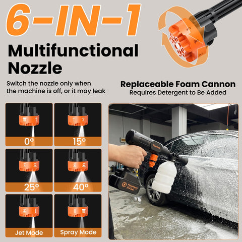 Flouritech 6-in-1 nozzle attachments enable versatile cleaning.