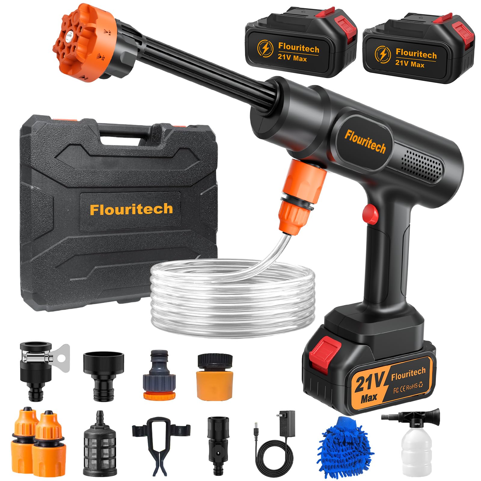 Flouritech cordless pressure washer delivers 1450 PSI for fast outdoor cleaning.
