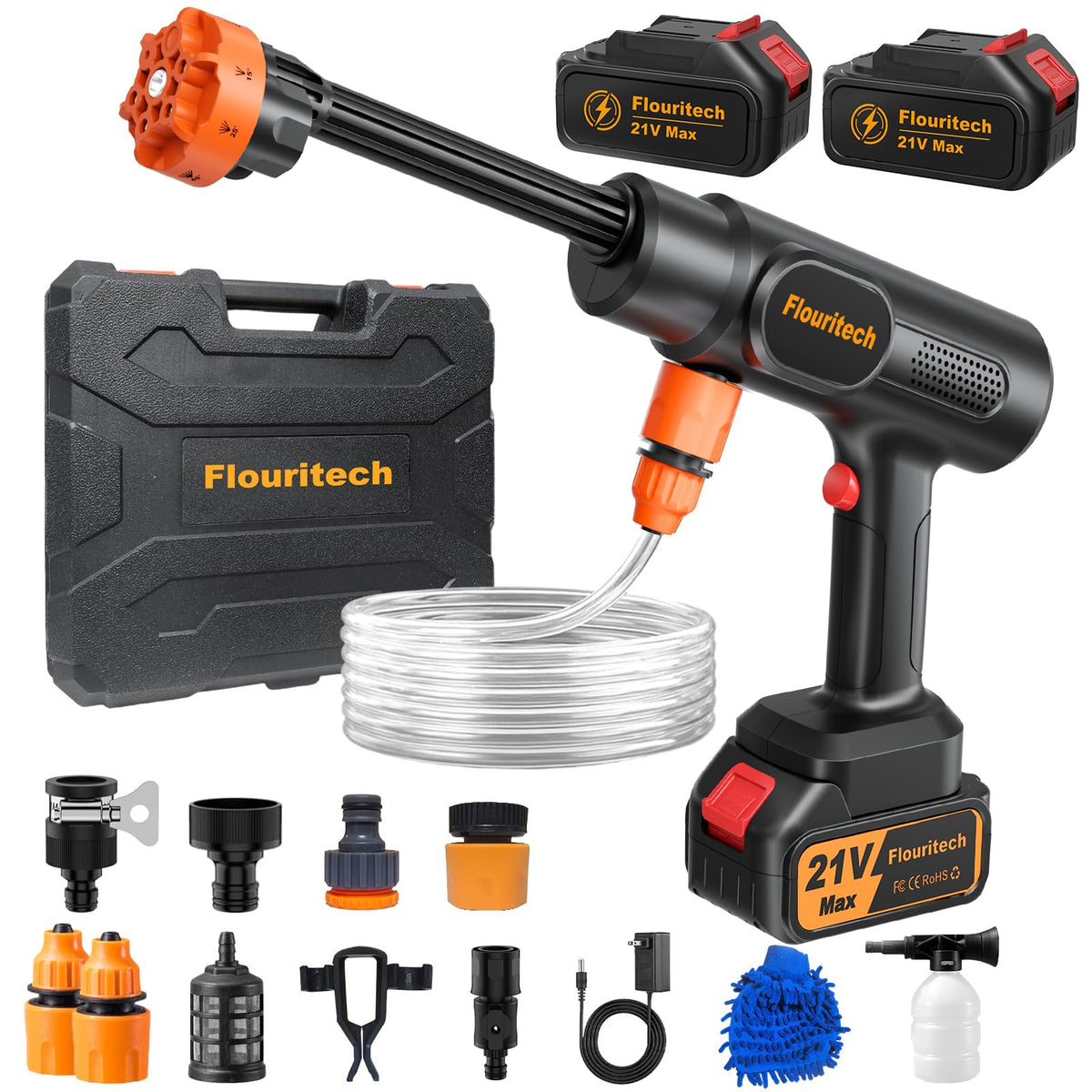 Flouritech cordless pressure washer delivers 1450 PSI for fast outdoor cleaning.