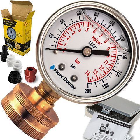 Flow Doctor water pressure gauge kit with dual dials for precise readings