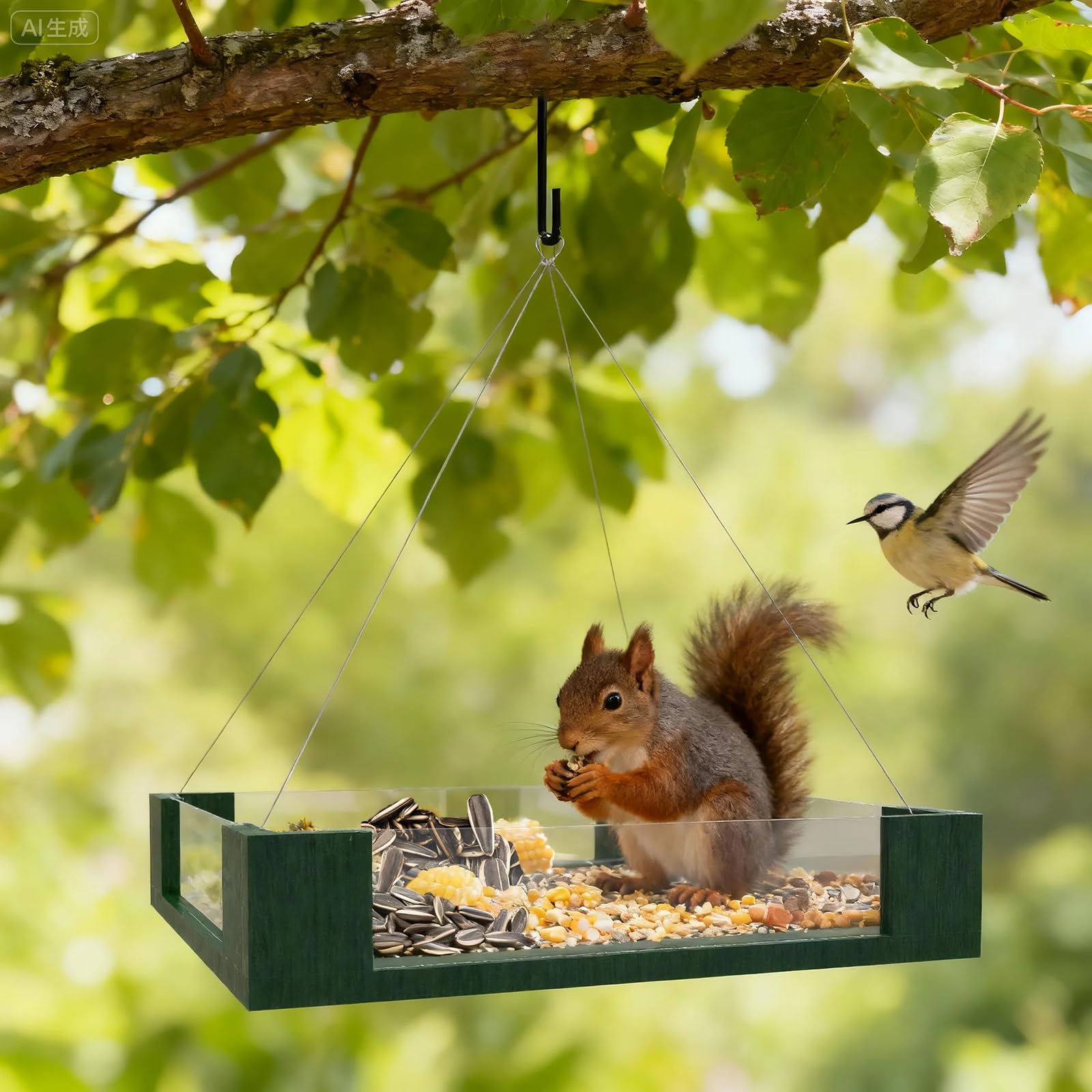 Flowafoli bird feeder with acrylic side panels provides unobstructed observation of visiting birds.