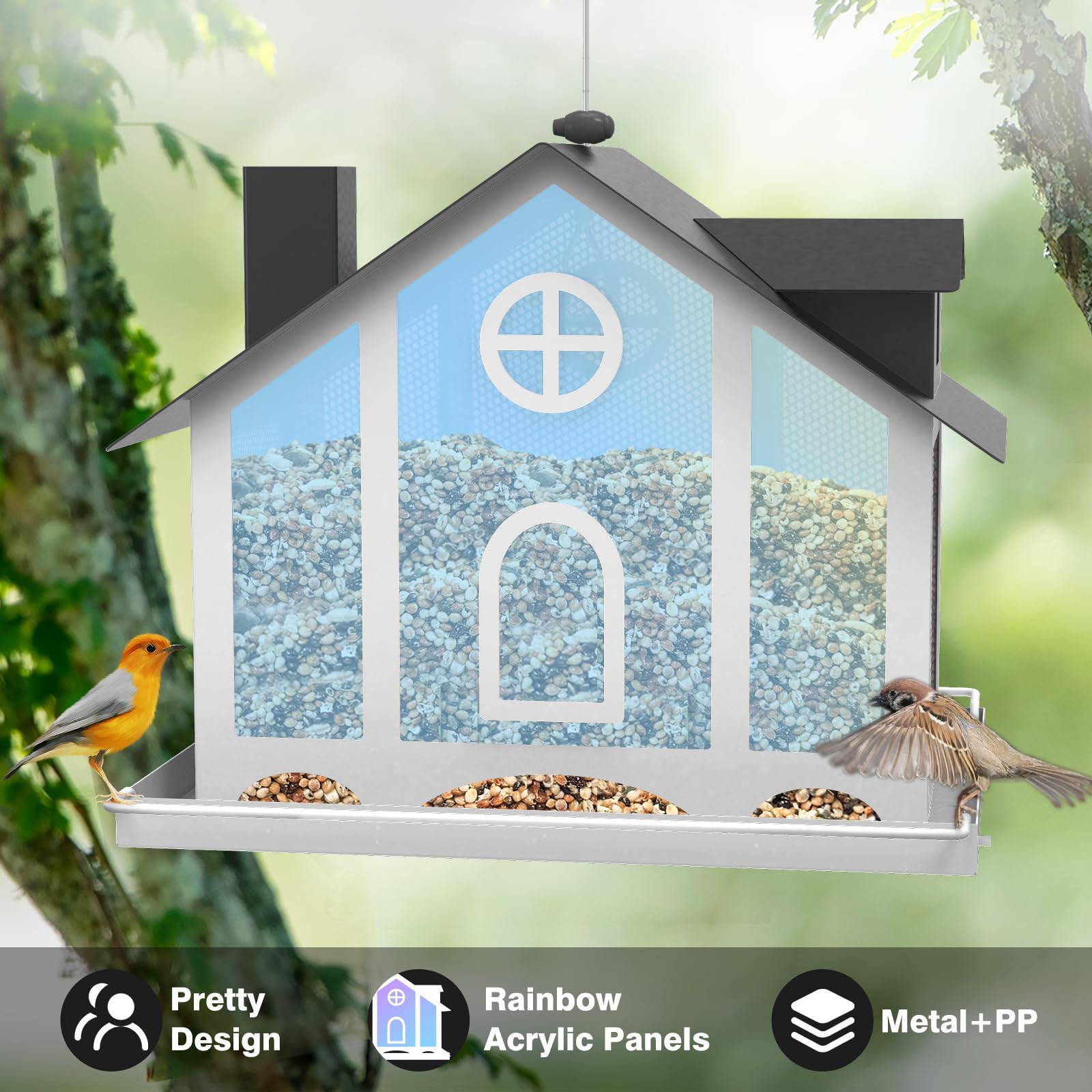 FlowaFoli bird feeder with 5 lbs capacity supports mixed seeds outdoors.