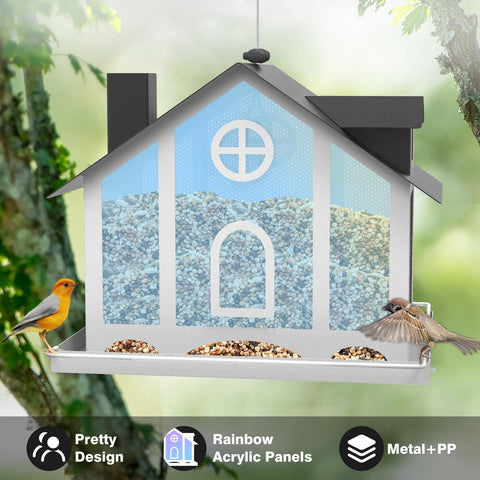 FlowaFoli bird feeder with 5 lbs capacity supports mixed seeds outdoors.