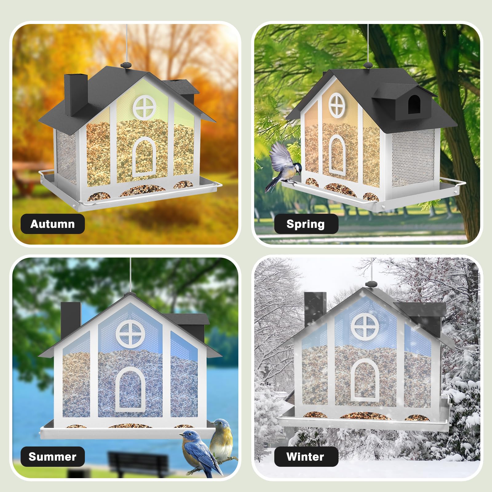 FlowaFoli All-weather Bird Feeder House with sloped roof and drainage keeps seeds dry.