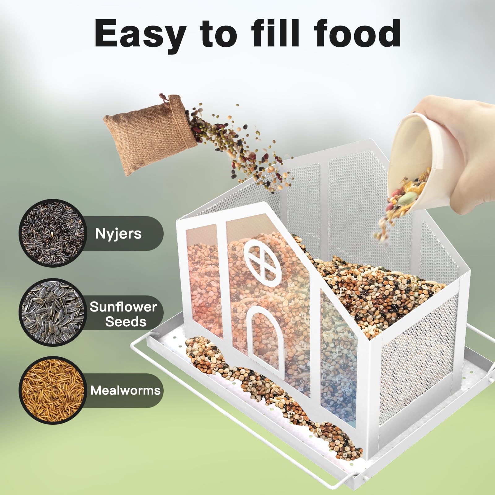 FlowaFoli Bird Feeder House with lift-top lid for easy refills and quick checks.