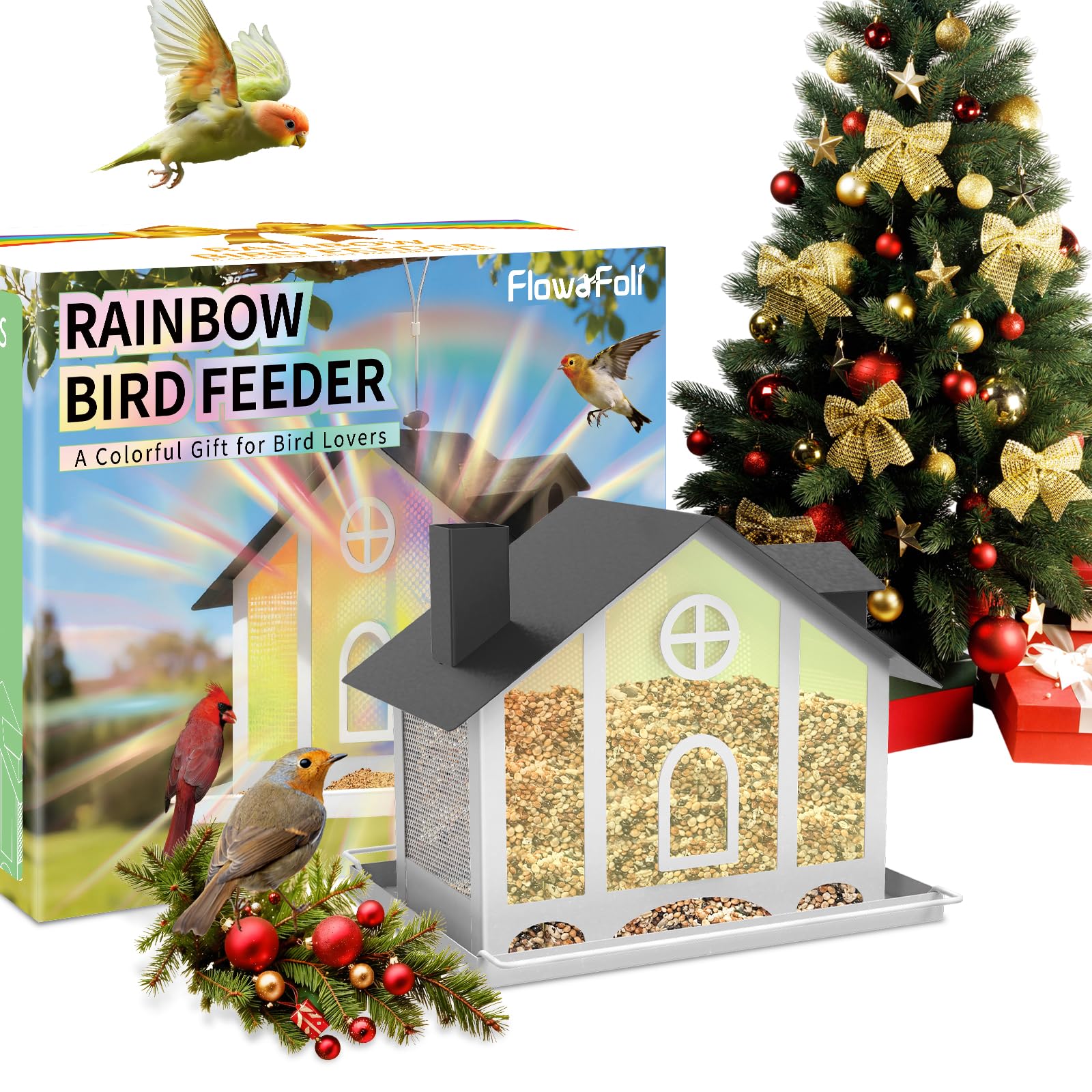 FlowaFoli Bird Feeder House outdoors with rainbow panels attracting diverse songbirds year-round.