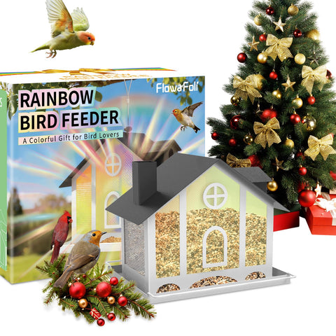 FlowaFoli Bird Feeder House outdoors with rainbow panels attracting diverse songbirds year-round.