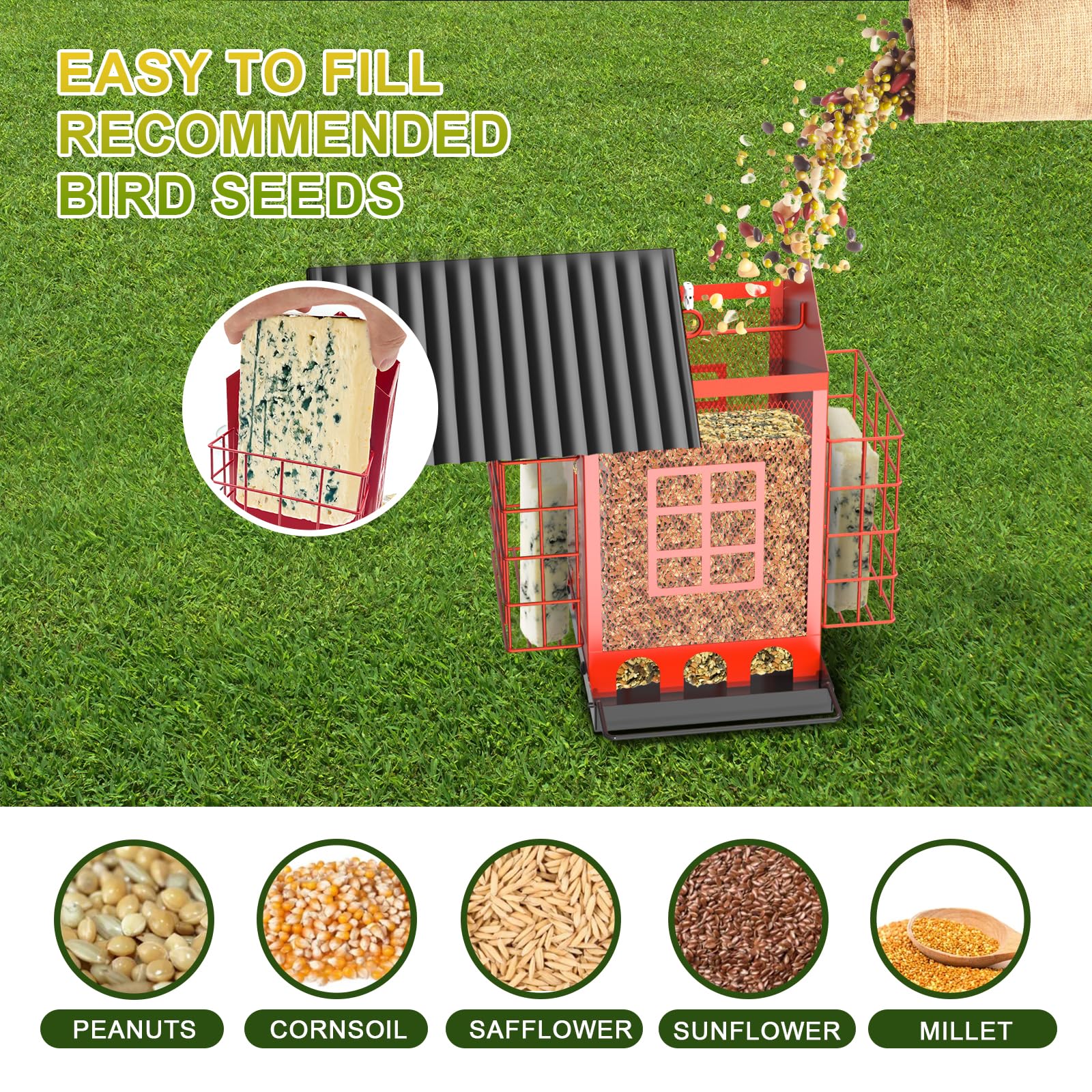 FlowaFoli bird feeder offers a 3.7 lb seed capacity for steady feeding.